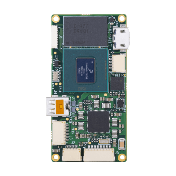 Close-up of an electronic circuit board with various integrated circuits, connectors, and components arranged across its green surface.
