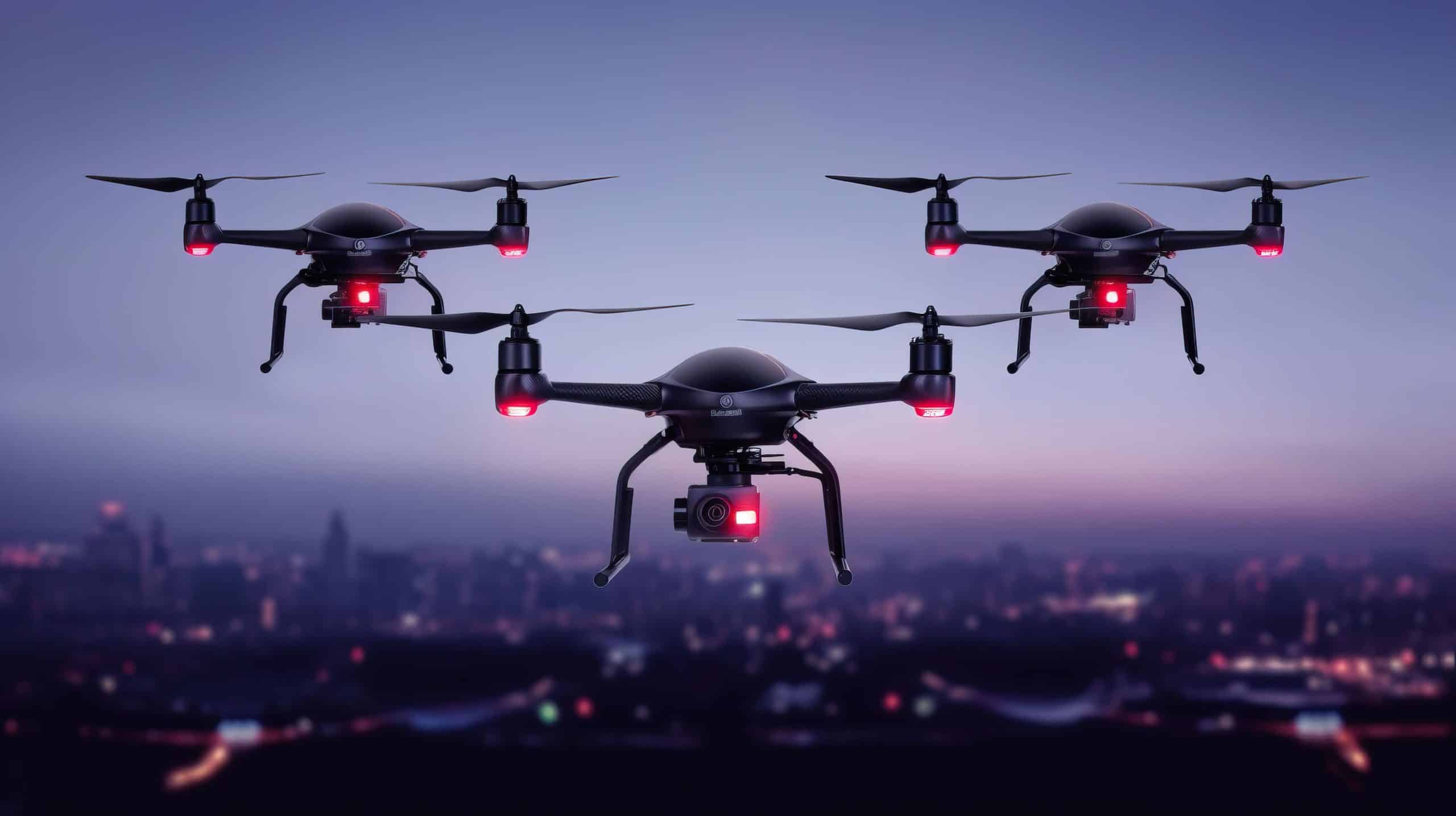 Three drones with video intelligence and cameras flying against a twilight city skyline.