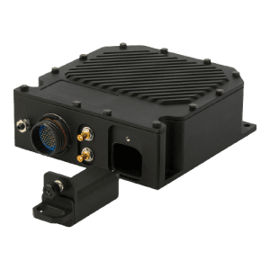 Black industrial electronic device with a ribbed heat sink, connectors, and an opal mounting bracket.