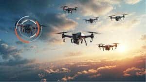 A military drone swarm hovering in the clouds from Maris-Tech.