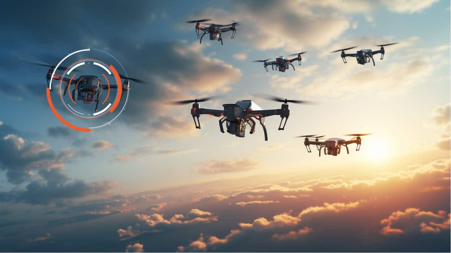 A fleet of drones, equipped with cutting-edge Counter-UAV Technology, flying against a backdrop of a cloudy sunset sky.