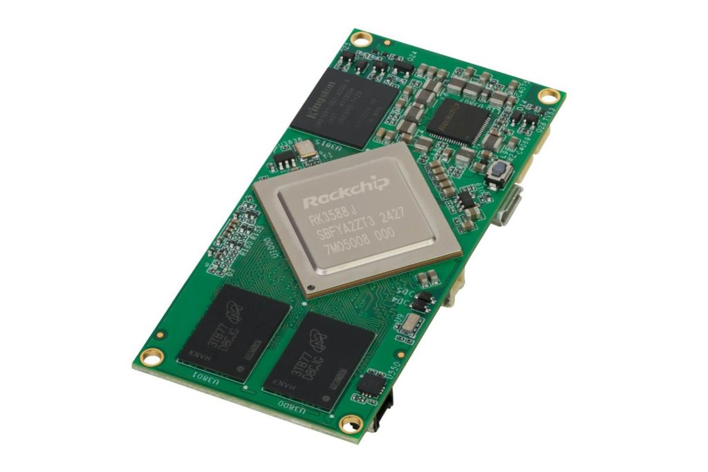 A green electronic circuit board featuring a central processing unit labeled "Rockchip," surrounded by various smaller components.