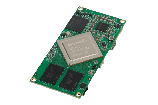 A small green circuit board with a prominent Rockchip processor and various other electronic components.