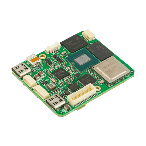 A small green circuit board with various electronic components, including connectors, chips, and ports, isolated on a white background; a marvel resembling Jupiter's intricate patterns.