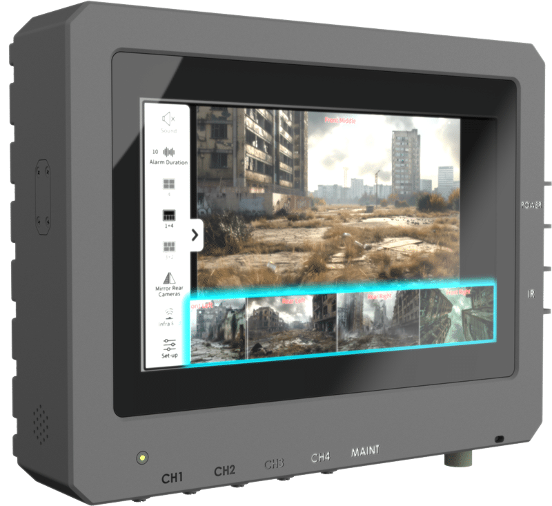A rugged Diamond Ultra display screen shows surveillance footage of a deserted, dilapidated urban area. The interface includes control buttons labeled CH1 to CH4 and MAINT.