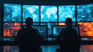 Two people sit at computer workstations in front of large screens displaying world maps and data visualizations in a control room setting.