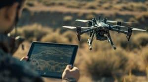 A person operates a drone using a tablet in an outdoor, desert-like environment with dry grass and shrubs in the background.