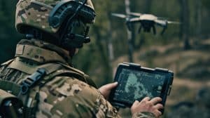 A soldier in camouflage operates a drone using a touchscreen tablet in a forested area.