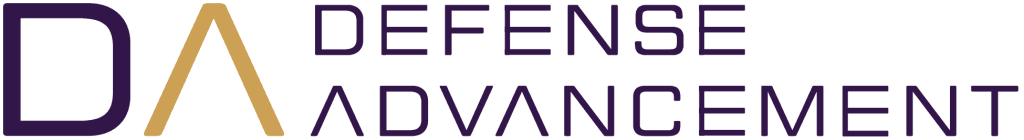 Logo with large initials "DA" on the left, the "A" in gold, followed by the words "DEFENSE ADVANCEMENT" in purple, all on a transparent background.