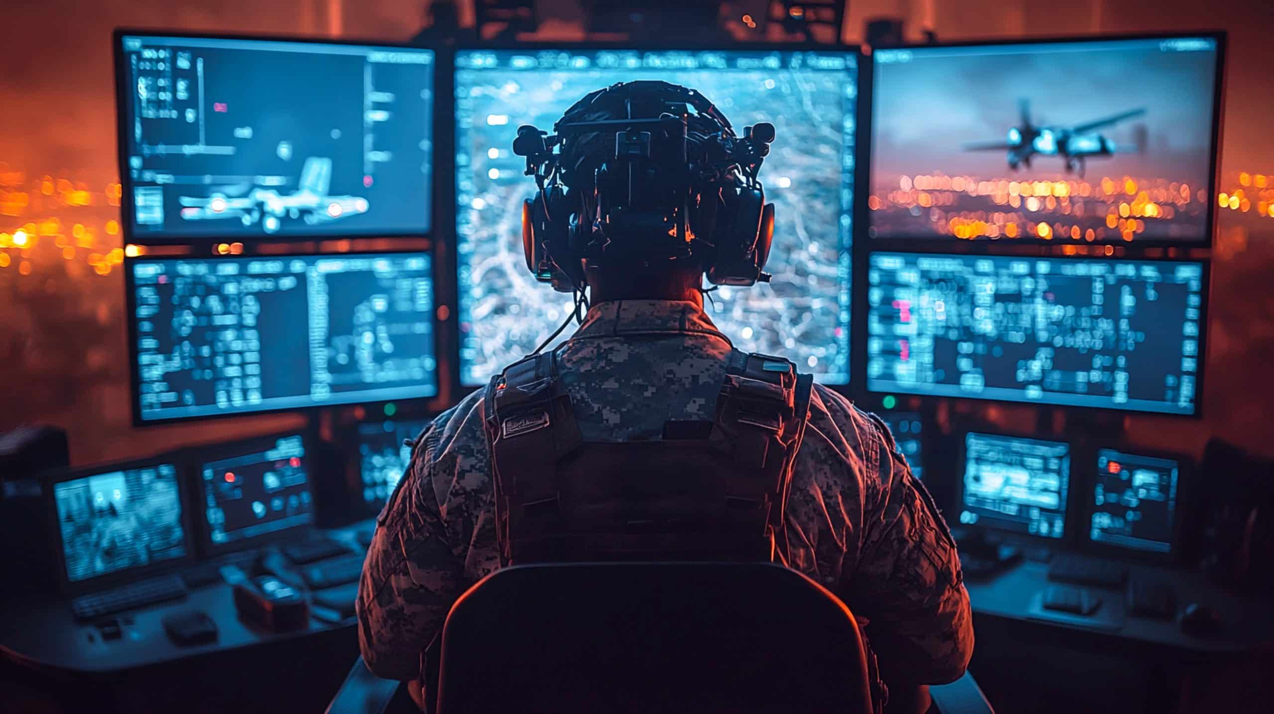 A person in military gear sits at a control station with multiple monitors displaying surveillance data, maps, and aircraft information—showcasing advanced defense applications and real-time drone video streaming in a dimly lit, high-tech room.