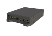 A rectangular black electronic device with a multi-pin connector and three circular ports on one side, shown on a plain background.