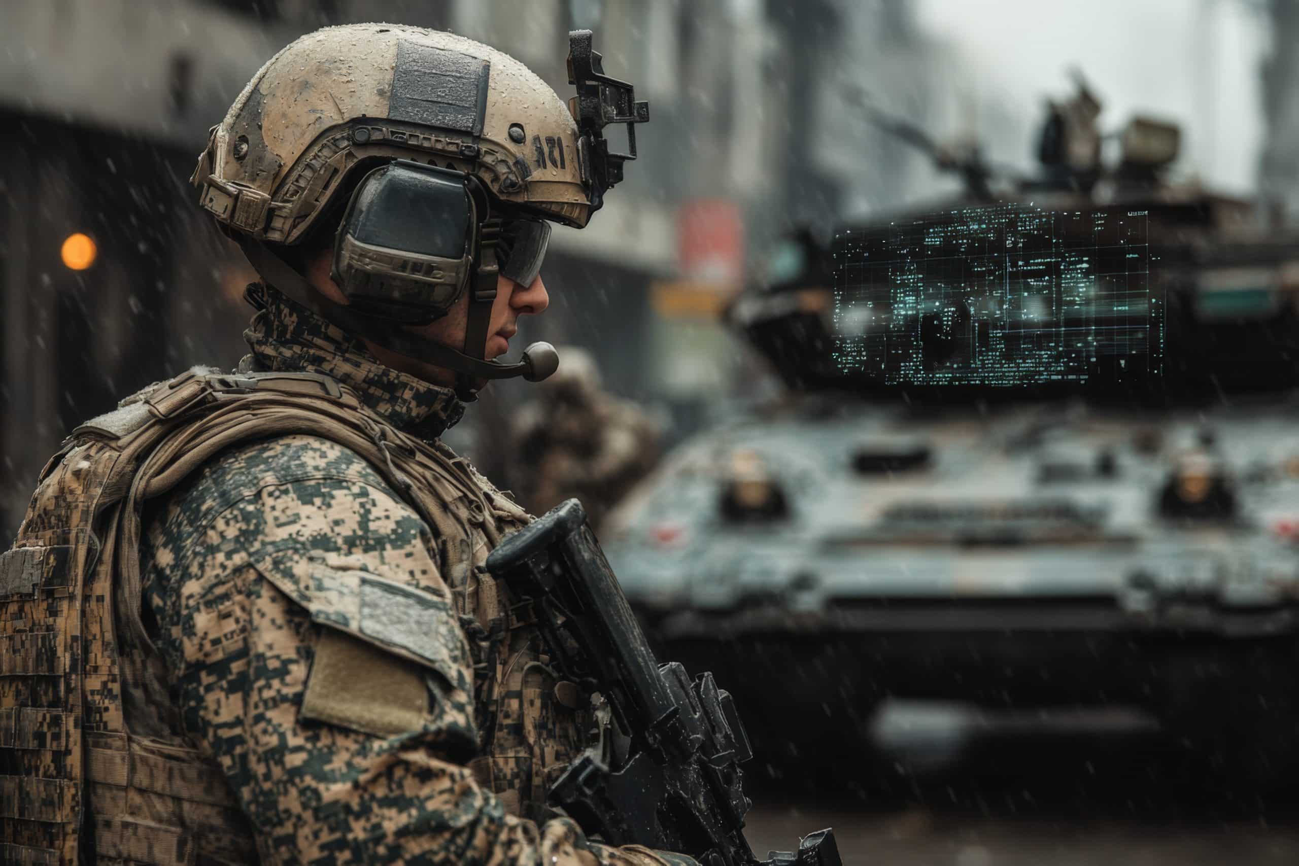 A soldier in camouflage gear and helmet stands with a rifle in the rain near an armored vehicle displaying a digital interface, demonstrating advanced situational awareness solutions for combat environments.