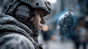 A soldier in futuristic armor looks at a digital hologram of Earth displaying network connections, suggesting advanced military technology.
