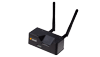 A black wireless router with two antennas and a small display screen on its front, shown against a plain light gray background.