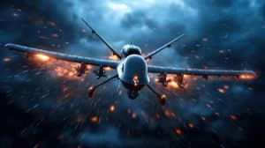 A military drone, equipped as an Explosive UAV, flies through a stormy sky with explosions and sparks surrounding it, suggesting an intense combat situation.