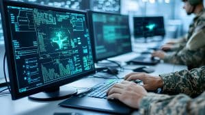 Military personnel in camouflage uniforms work at computer stations displaying digital maps, data, and schematics in a high-tech operations center.
