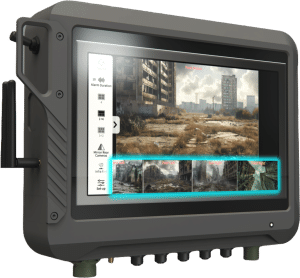 A rugged Diamond Ultra monitor displays a control panel and live footage of a ruined cityscape with damaged buildings under a cloudy sky.