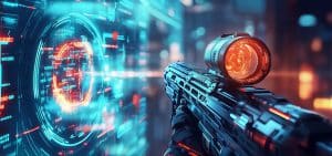 A futuristic rifle with a scope is aimed at a digital holographic target interface displaying circular patterns and data in a high-tech, neon-lit environment.