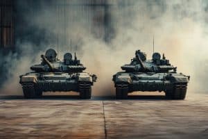 Two military tanks parked side by side on a concrete surface with heavy smoke or mist in the background inside an industrial setting.