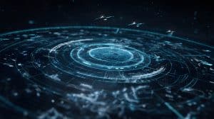 Futuristic digital interface with glowing blue concentric circles, data patterns, and HUD elements on a dark background.