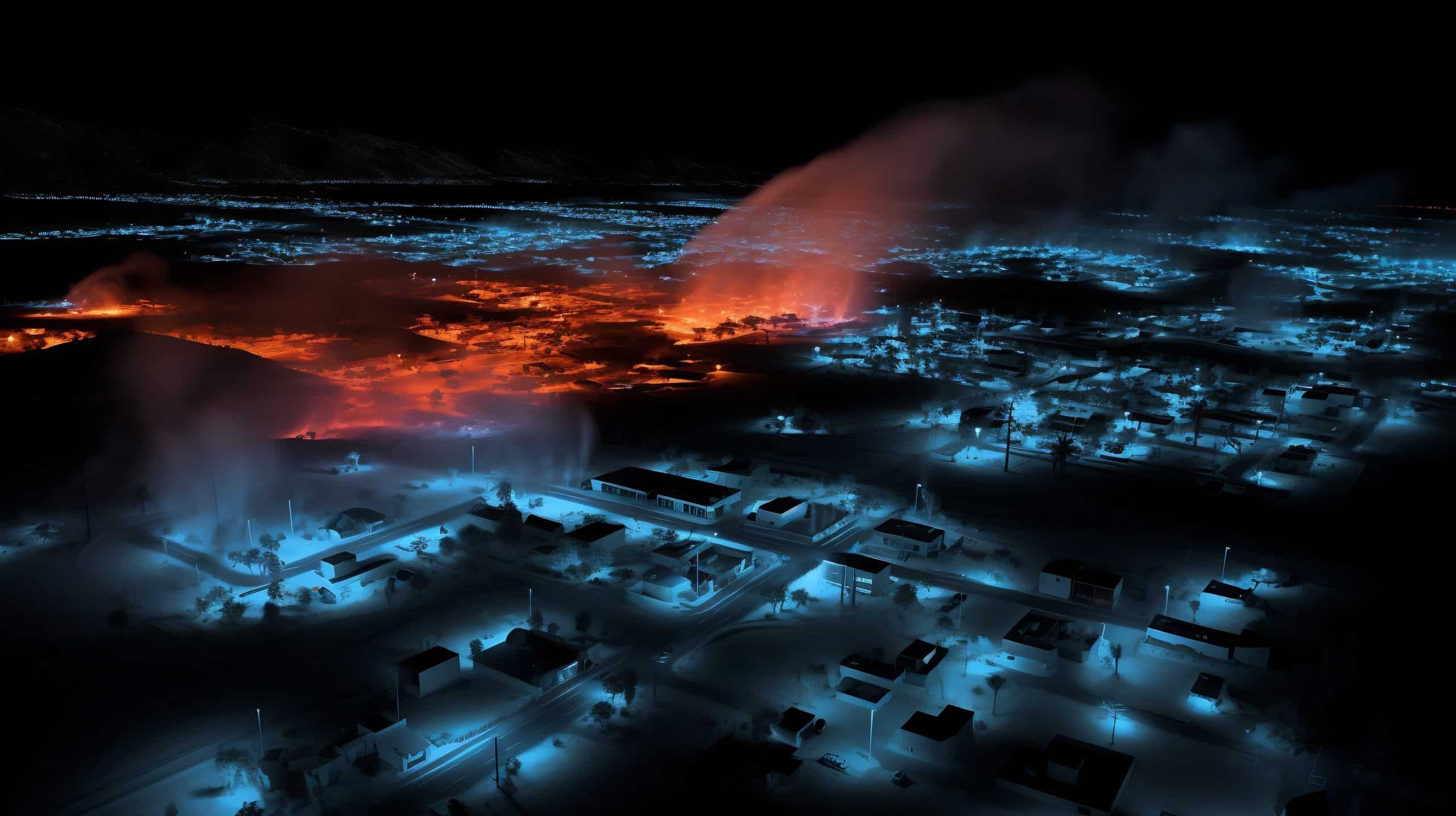 A nighttime aerial view of a town with blue-lit buildings in the foreground, captured using thermal AI imaging, reveals a large fire burning with orange flames and smoke in the distance.