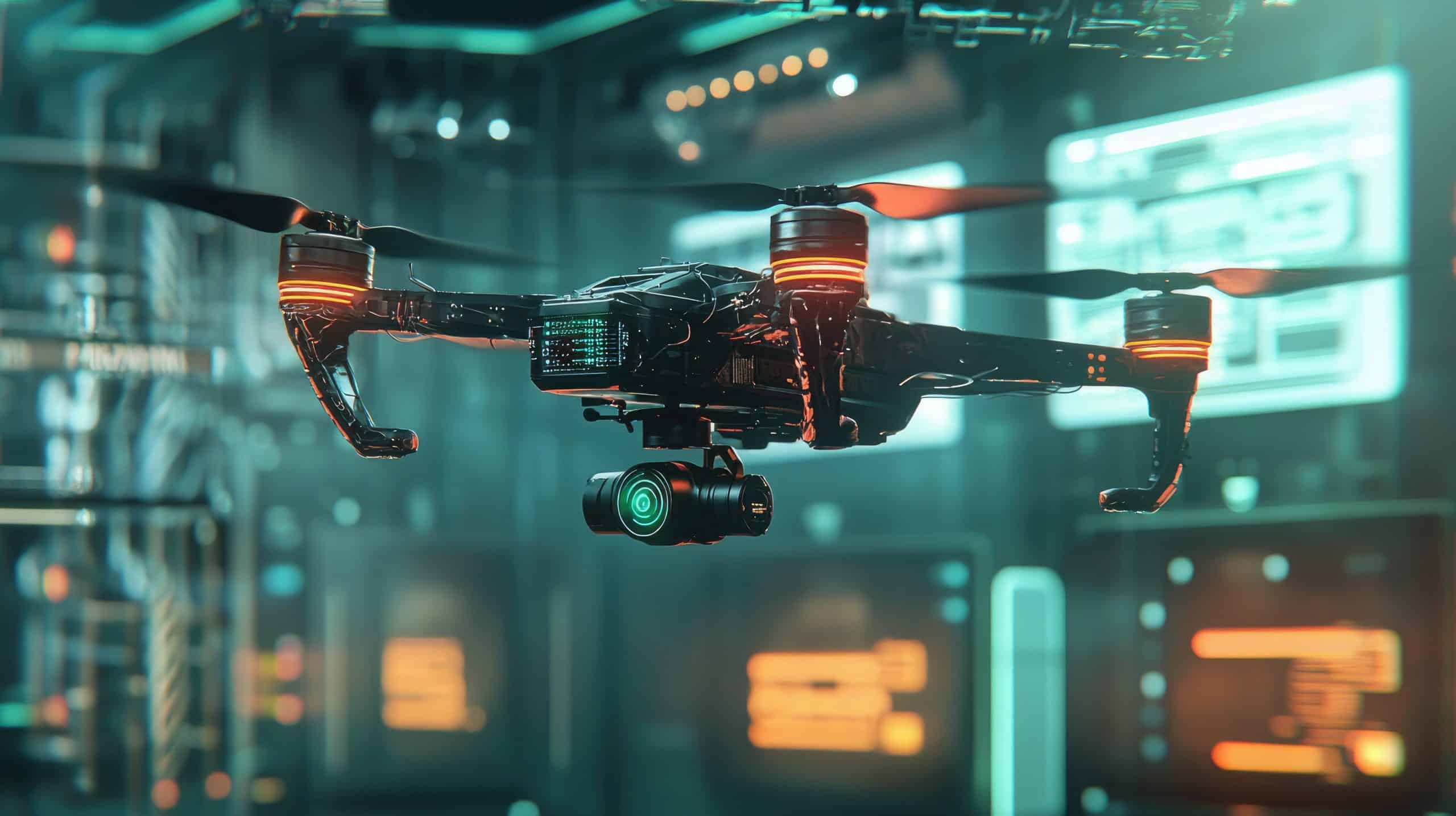 A black drone with orange lights and a mounted camera hovers indoors, surrounded by futuristic digital screens and equipment in the background.