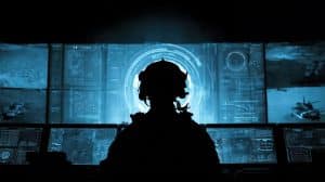 A soldier in silhouette sits at a high-tech control station with multiple digital screens displaying maps, data, and aerial images.