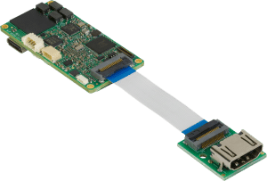 A small green circuit board connected by a ribbon cable to a secondary board with an HDMI port, commonly used in drone technology by Jupiter Drones.