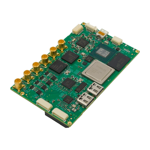 A green electronic circuit board with multiple chips, connectors, and ports—ideal for intelligence gathering—with USB and coaxial connectors on a plain white background.