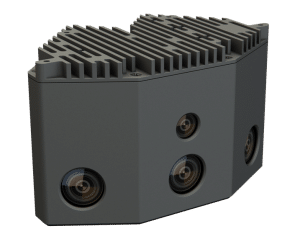 A dark gray, angular electronic device with six embedded camera lenses, three on each visible side, and a ridged top surface for heat dissipation.