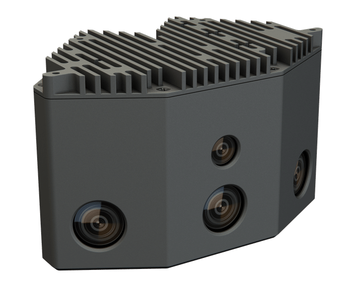 A dark gray, angular electronic device with six embedded camera lenses, three on each visible side, and a ridged top surface for heat dissipation.