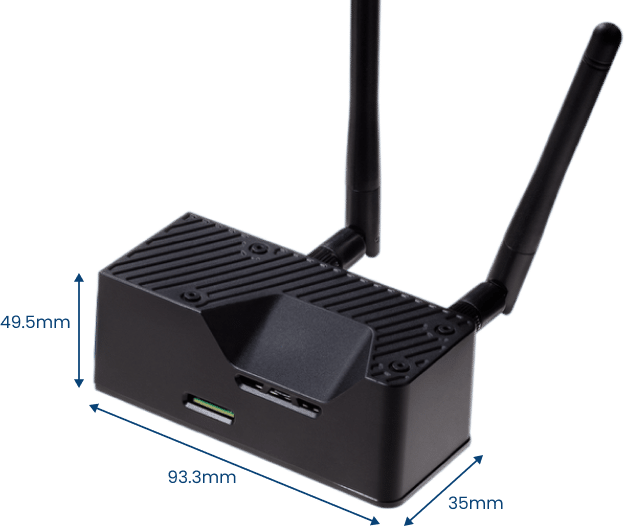 A black electronic device for intelligence gathering, with two antennas, measuring 49.5mm high, 93.3mm wide, and 35mm deep, is shown against a white background.