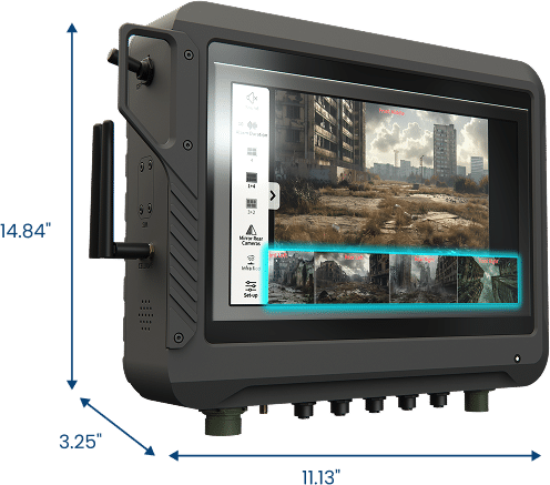 A rugged touch-screen monitor designed for situational awareness displays images of abandoned buildings; dimensions are 14.84" tall, 11.13" wide, and 3.25" deep.