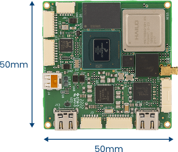 A 50mm by 50mm green circuit board with multiple chips, connectors, USB ports, and various electronic components designed for efficient intelligence gathering.