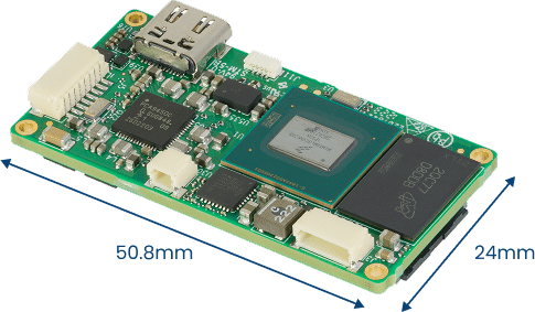 A green single-board computer module measuring 50.8mm by 24mm, featuring electronic components, chips, and ports.