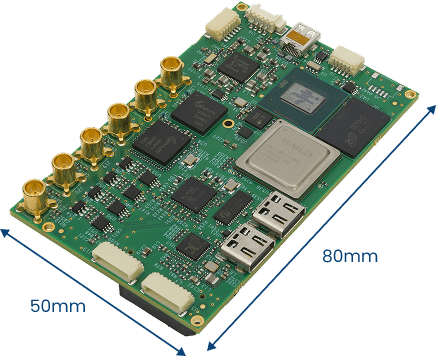 Rectangular green circuit board measuring 80mm by 50mm, featuring multiple gold connectors, chips, two USB ports, and various components—ideal for data gathering or intelligence collection applications.