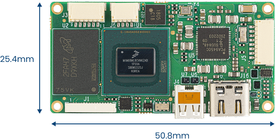 A small green circuit board with various chips, connectors, and ports, measuring 25.4mm by 50.8mm, with labeled components and visible electronic parts.