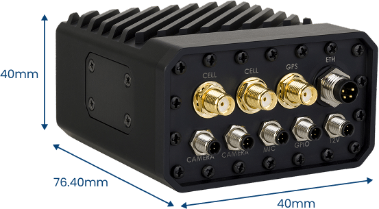 Rectangular black electronic device for Intelligence Gathering, featuring multiple labeled ports (CELL, GPS, ETH, CAMERA, MIC, GPIO, 12V); dimensions are 76.4mm x 40mm x 40mm.