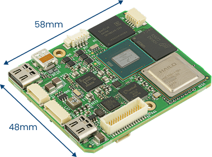 A compact green circuit board, ideal for intelligence gathering, features multiple chips, ports, and connectors. Measuring 58mm by 48mm, it is shown from an angled view.