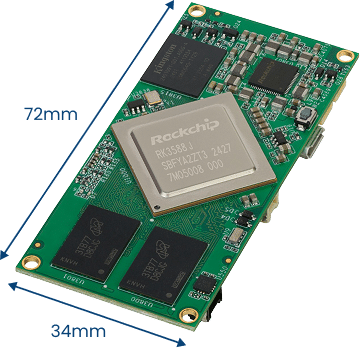 A rectangular green circuit board labeled with dimensions 72mm by 34mm, featuring a large Rockchip processor and multiple smaller electronic components.