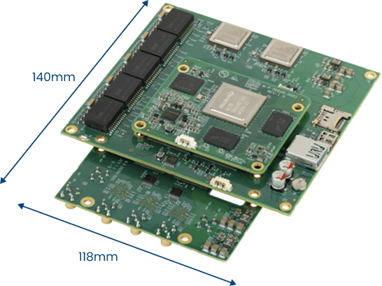 Three stacked green printed circuit boards with electronic components, designed for enhanced situational awareness; dimensions shown as 140mm by 118mm.