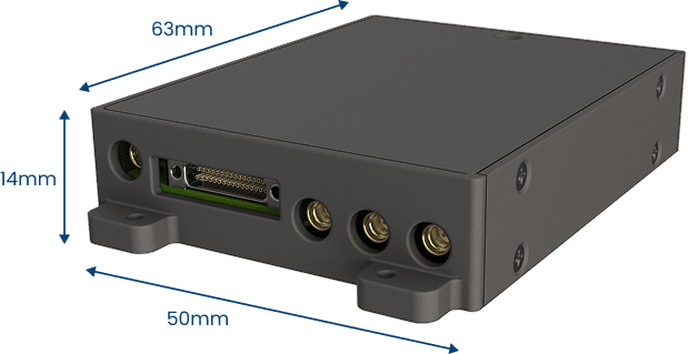 A rectangular black electronic device designed for intelligence gathering, featuring three round ports and a rectangular connector, measuring 63mm by 50mm by 14mm.