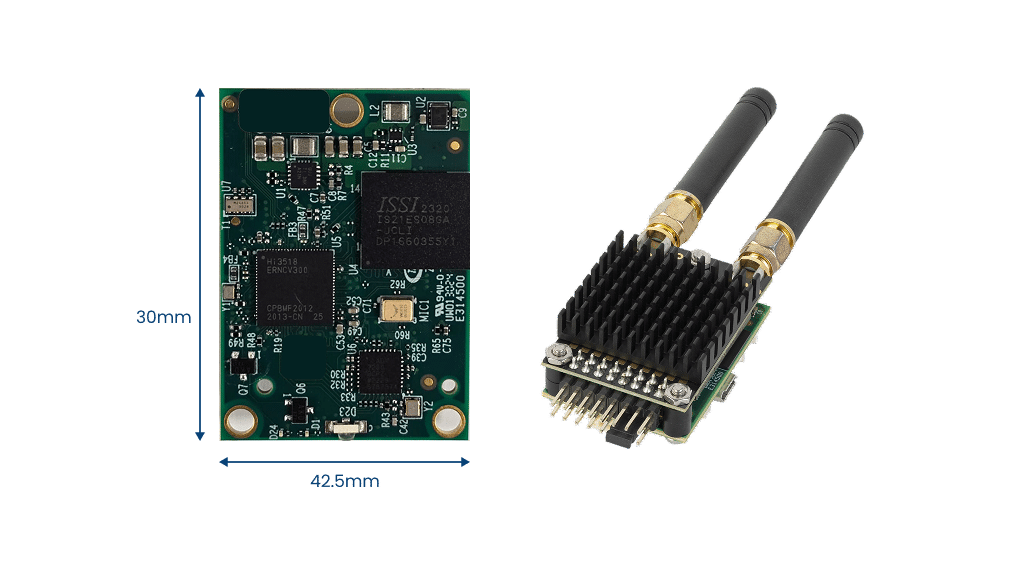 Two views of an electronic module: one shows the circuit board with dimensions 30mm by 42.5mm, and the other shows the module with attached heat sink and two antennas.