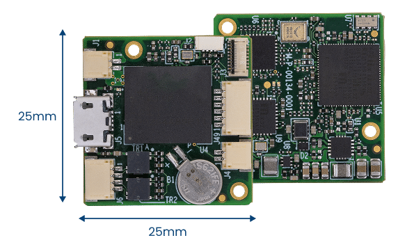 Two small green printed circuit boards with electronic components and connectors, each measuring approximately 25mm by 25mm—ideal as compact Drone Video Modules.
