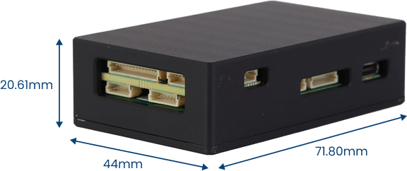 A small black rectangular electronic device with visible connection ports, commonly used in Intelligence Gathering Systems; dimensions labeled as 20.61mm height, 44mm depth, and 71.80mm width.