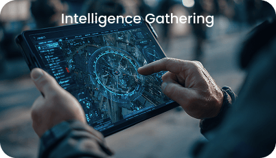 Person using a tablet displaying a digital map with data overlays; the phrase “Intelligence Gathering” appears at the top of the image.
