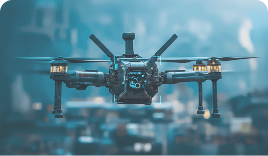 A black quadcopter drone with a camera hovers in the air above a blurred cityscape background.