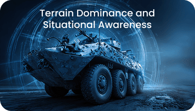 Six-wheeled armored military vehicle on rugged terrain with the text "Terrain Dominance and Situational Awareness" overlaid on a blue-tinted background.