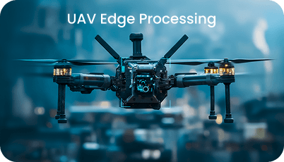 A black drone with a camera hovers in the air above a cityscape, with the text "UAV Edge Processing" displayed at the top.