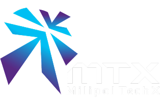 Blue and purple abstract geometric logo on the left, with the text "MTX Millipol Tech X" in white on the right, highlighting low latency capabilities.